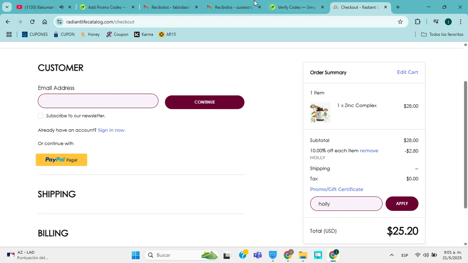 Radiant Life promo code screenshot showing code holly applied at Radiant Life checkout page. Uploaded by SimplyCodes community member jorgejavierherrera on May 21, 2025