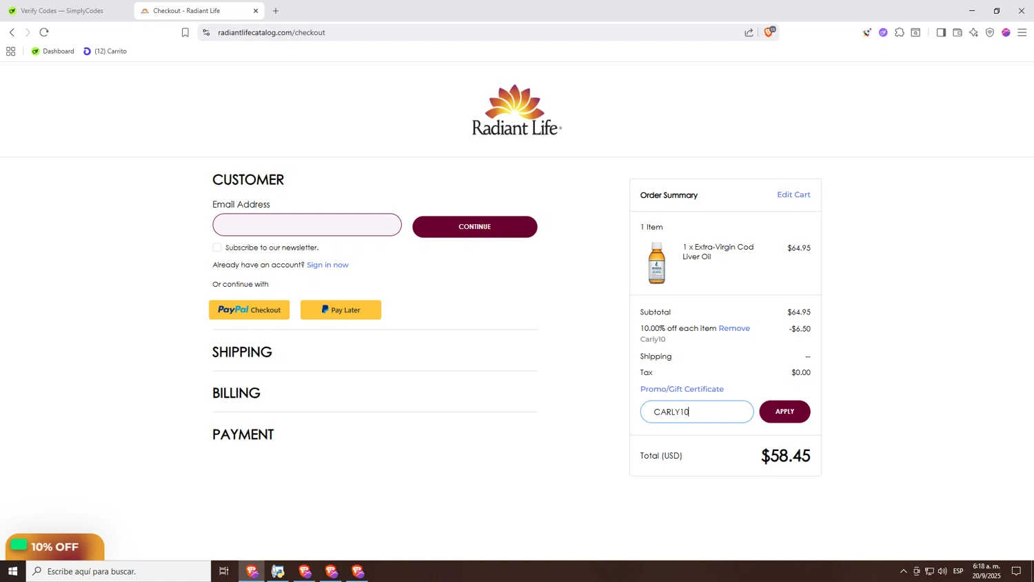 Radiant Life promo code screenshot showing code CARLY10 applied at Radiant Life checkout page. Uploaded by SimplyCodes community member Nezukooo on Sep 20, 2025