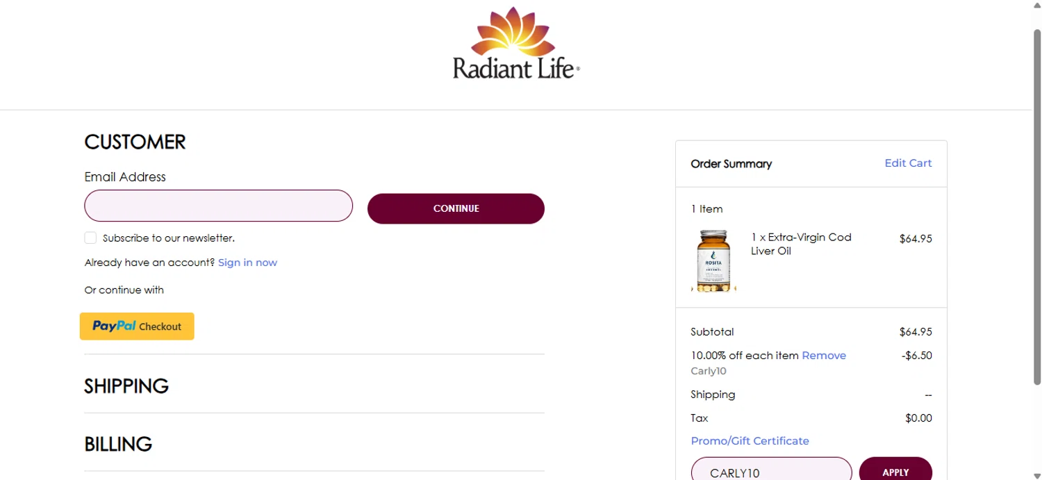 Radiant Life promo code screenshot showing code CARLY10 applied at Radiant Life checkout page. Uploaded by SimplyCodes community member emejota on Jul 24, 2025