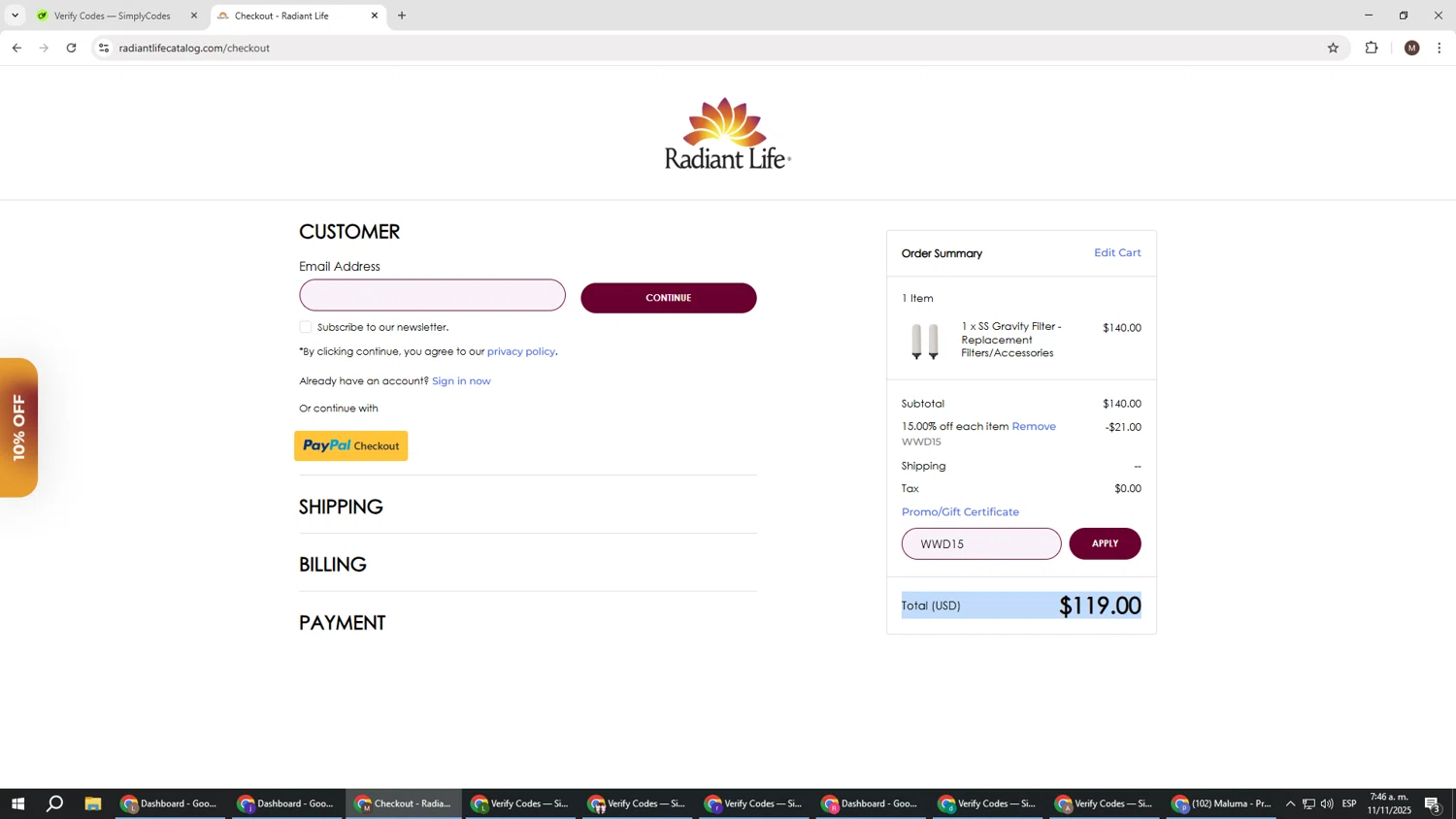 Radiant Life checkout page showing Radiant Life promo code box | Screenshot taken by SimplyCodes community member on Nov 11, 2025