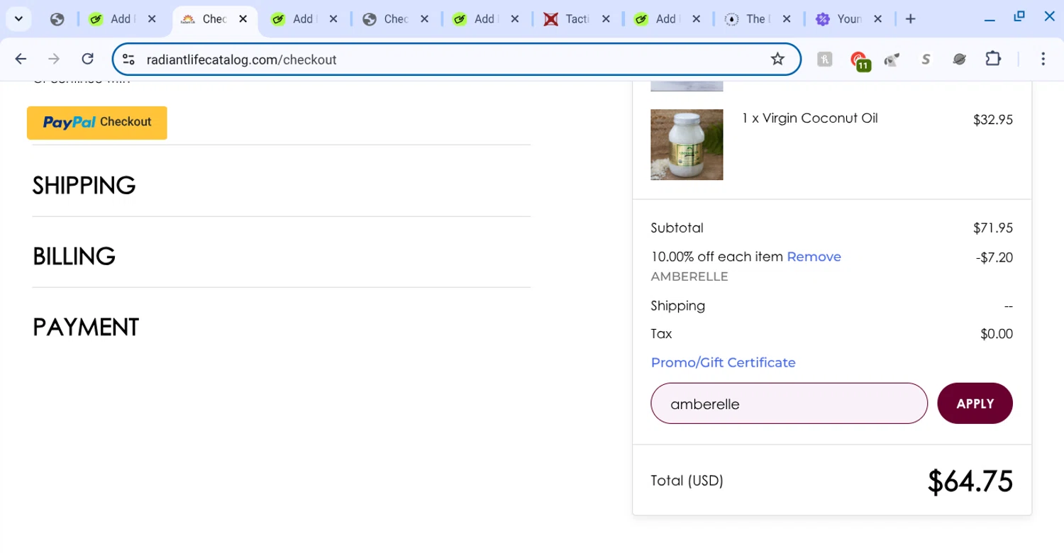 Radiant Life promo code screenshot showing code ambermom applied at Radiant Life checkout page. Uploaded by SimplyCodes community member KarinaHZ on Jun 30, 2025