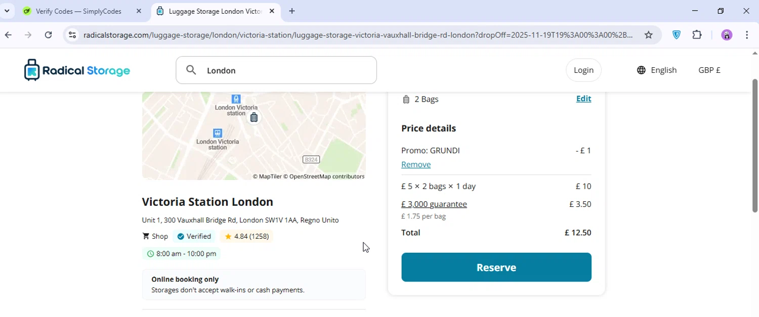 Radical Storage promo code screenshot showing code GRUNDI applied at Radical Storage checkout page. Uploaded by SimplyCodes community member VoucherGuardian4807 on Nov 19, 2025