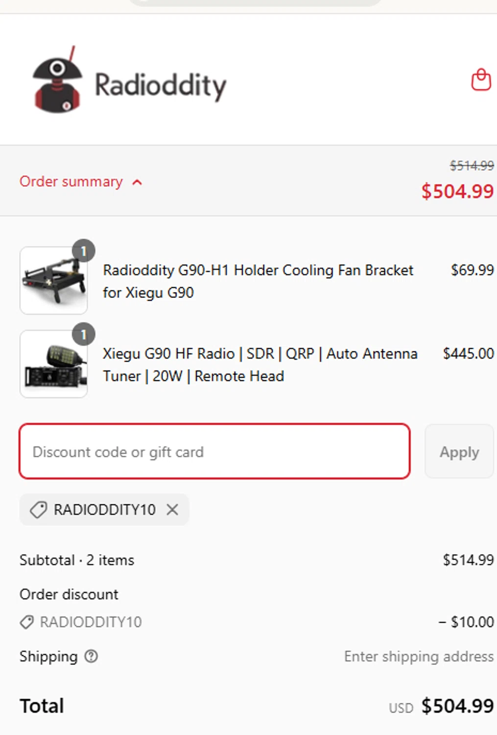 Radioddity discount code screenshot showing code RADIODDITY10 applied at Radioddity checkout page. Uploaded by SimplyCodes community member Carlitoxxxxxxxxxxxxxxxxxxxxxxx on Apr 6, 2025