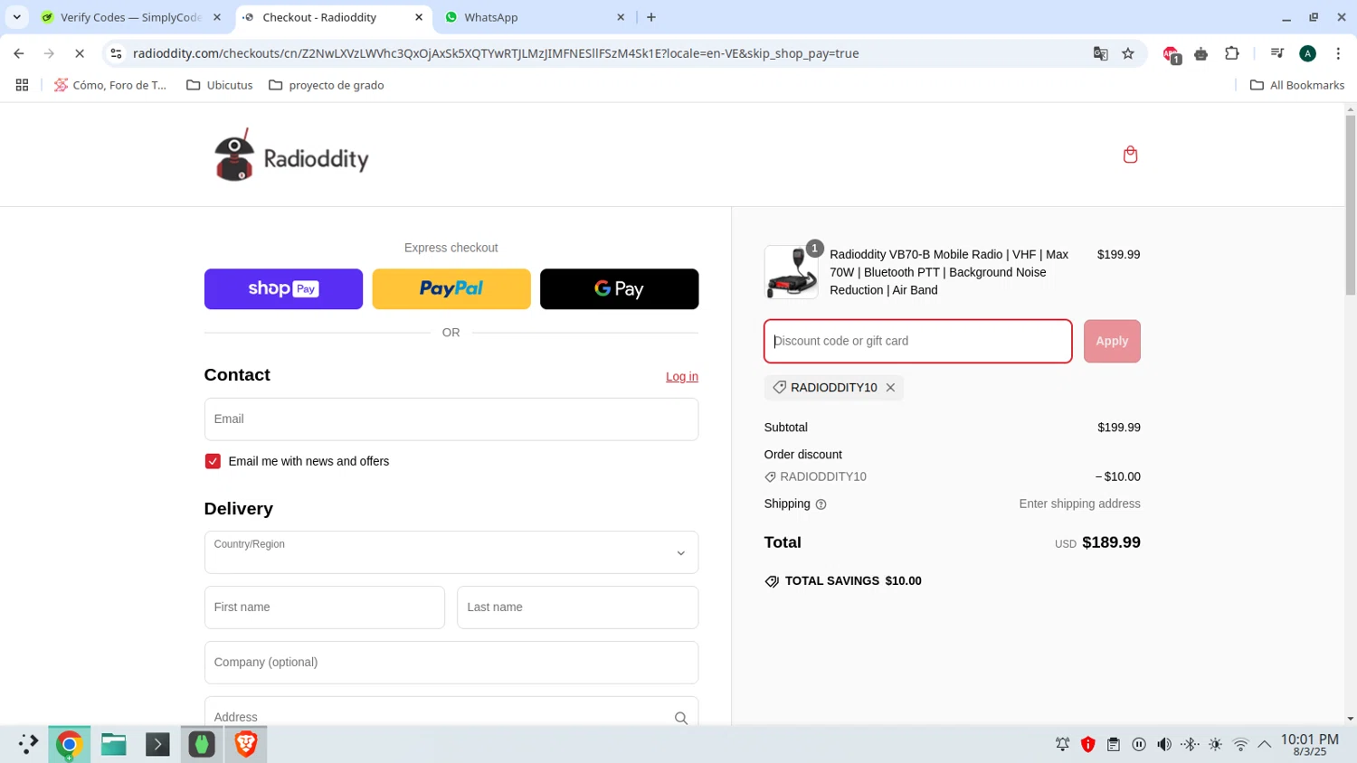 Radioddity discount code screenshot showing code RADIODDITY10 applied at Radioddity checkout page. Uploaded by SimplyCodes community member admeneses on Mar 9, 2025