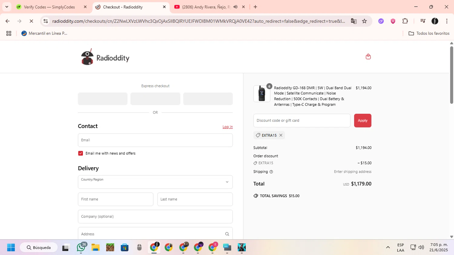 Radioddity discount code screenshot showing code EXTRA15 applied at Radioddity checkout page. Uploaded by SimplyCodes community member ChinoYugiXD on Jun 21, 2025