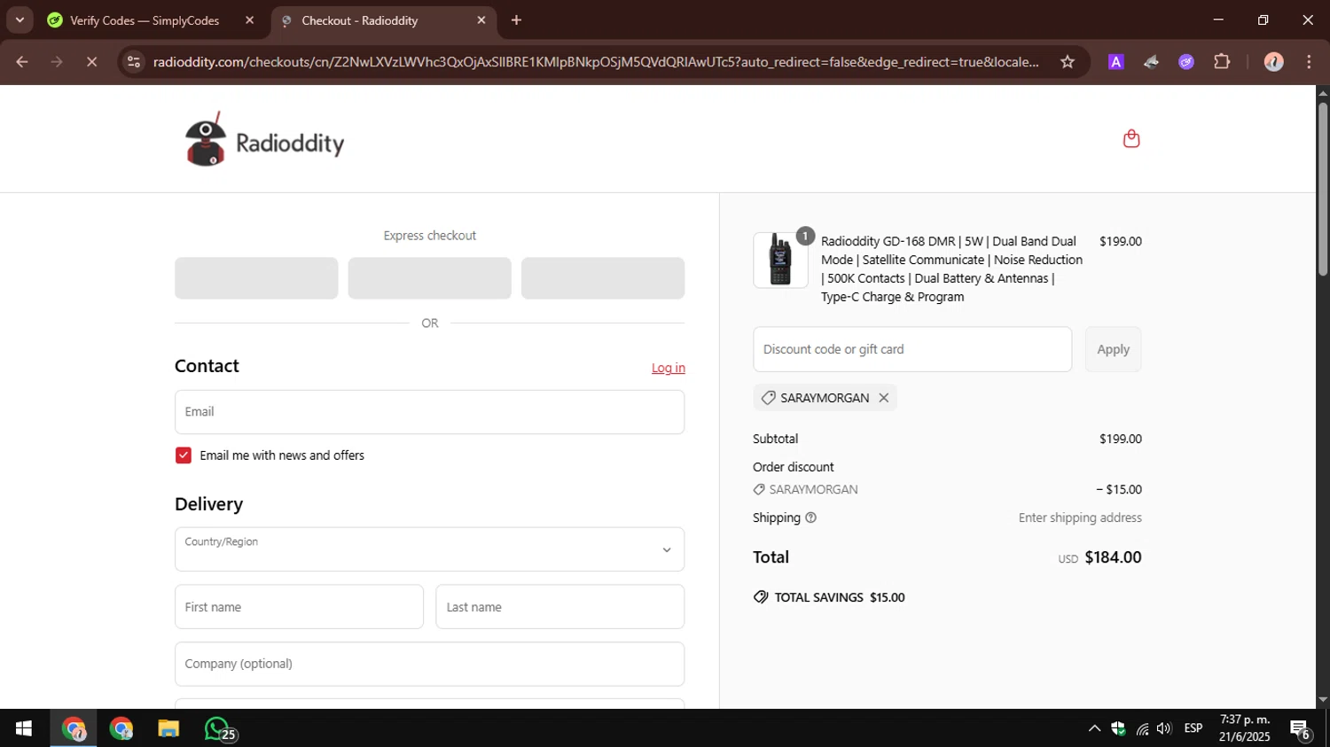 Radioddity discount code screenshot showing code SARAYMORGAN applied at Radioddity checkout page. Uploaded by SimplyCodes community member AbusaGordas on Jun 21, 2025