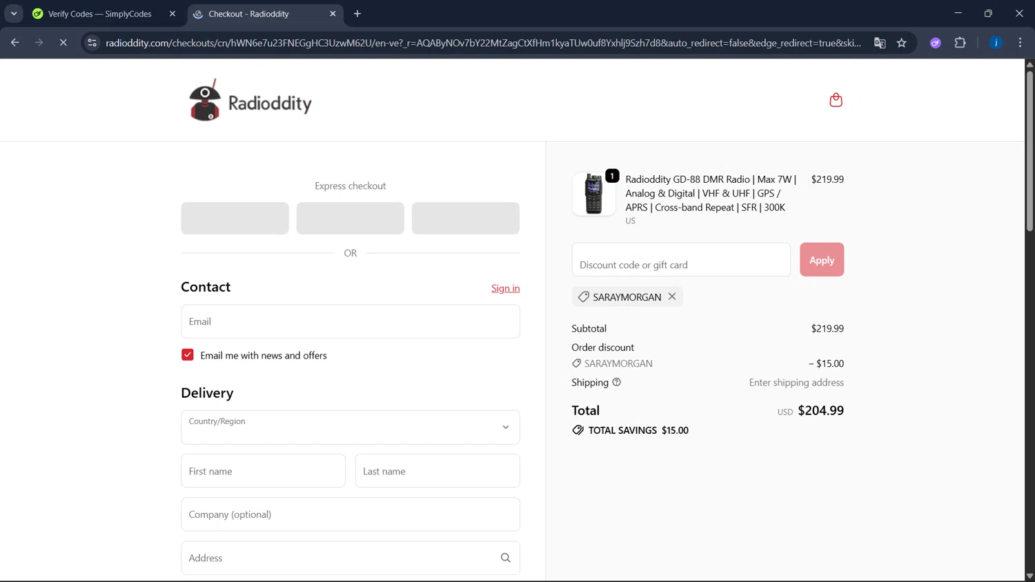 Radioddity discount code screenshot showing code SARAYMORGAN applied at Radioddity checkout page. Uploaded by SimplyCodes community member CodeSaver4373 on Dec 20, 2025
