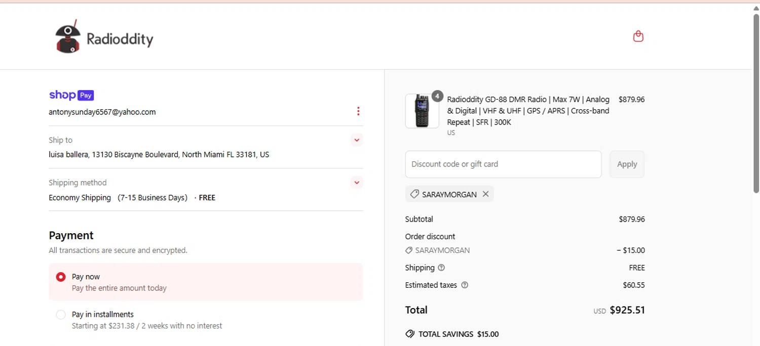 Radioddity discount code screenshot showing code SARAYMORGAN applied at Radioddity checkout page. Uploaded by SimplyCodes community member Lamadama on Jun 21, 2025