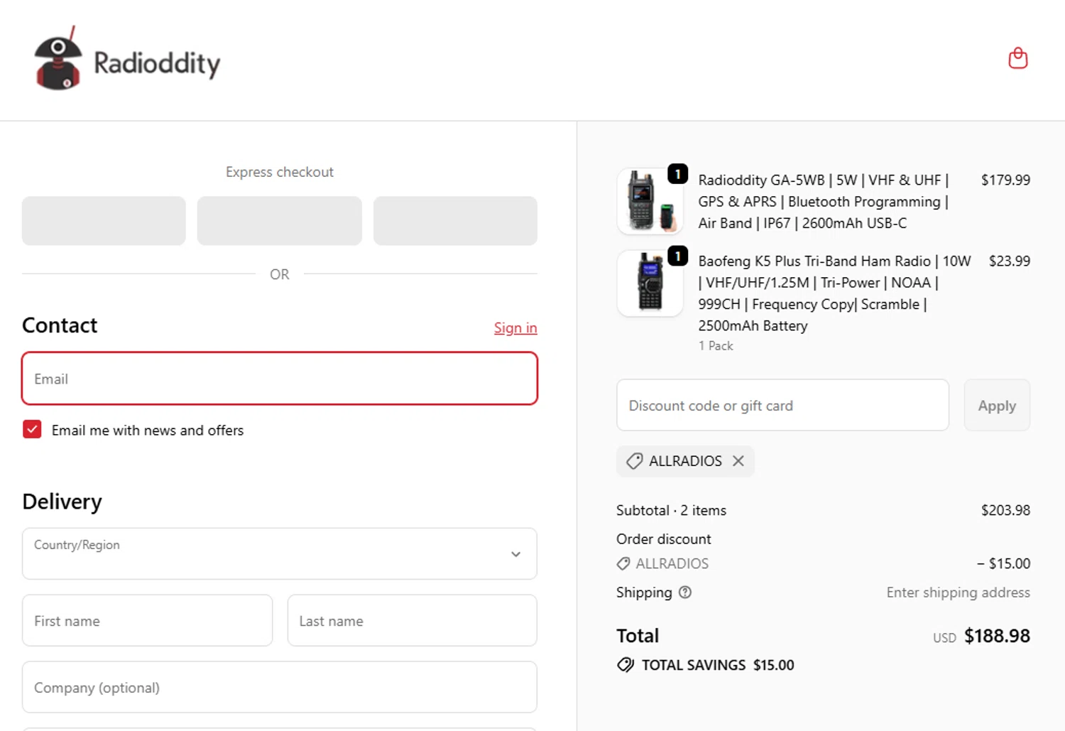 Radioddity discount code screenshot showing code ALLRADIOS applied at Radioddity checkout page. Uploaded by SimplyCodes community member eithanmilas on Nov 10, 2025