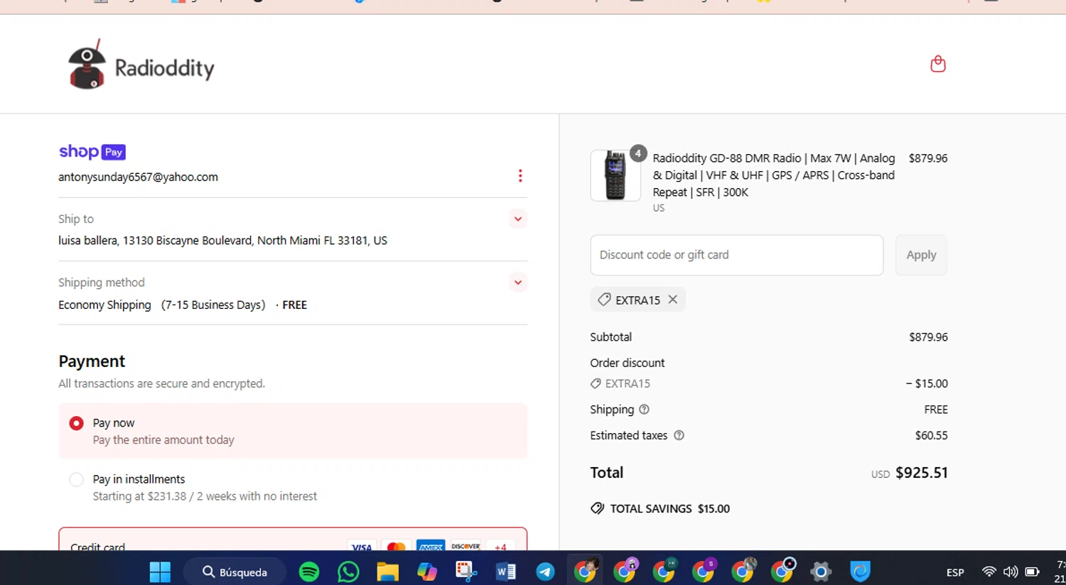 Radioddity discount code screenshot showing code EXTRA15 applied at Radioddity checkout page. Uploaded by SimplyCodes community member luisaballera on Jun 21, 2025