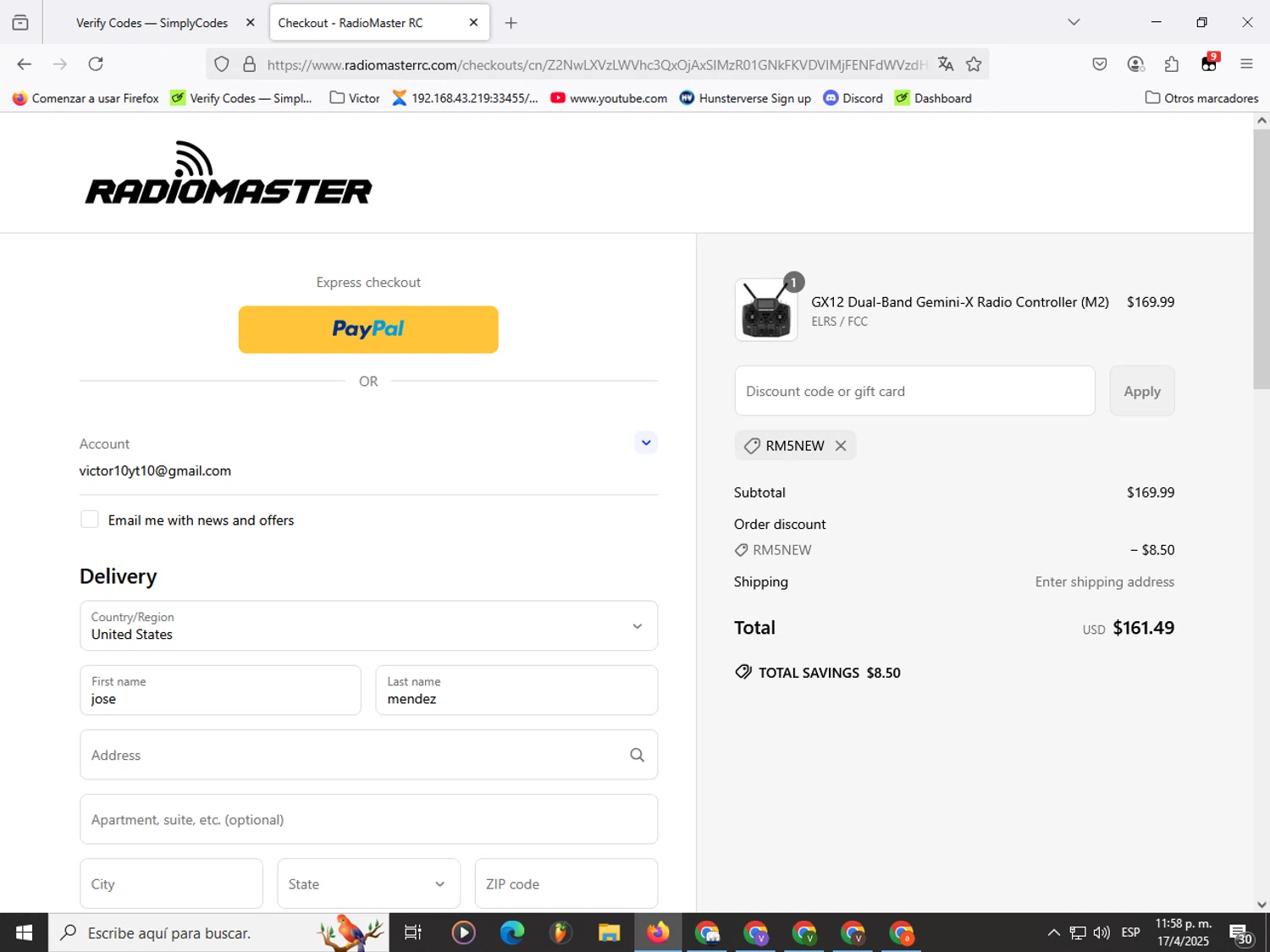 RadioMaster RC promo code screenshot showing code RM5NEW applied at RadioMaster RC checkout page. Uploaded by SimplyCodes community member Garou_Y2K on Apr 18, 2025