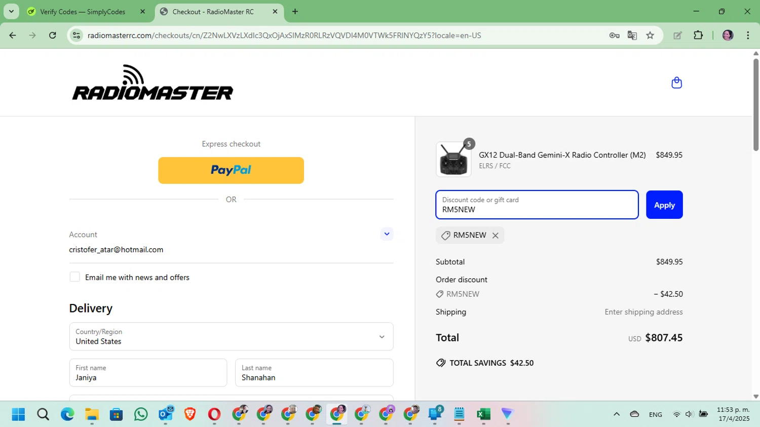 RadioMaster RC promo code screenshot showing code RM5NEW applied at RadioMaster RC checkout page. Uploaded by SimplyCodes community member Mari_perez on Apr 18, 2025