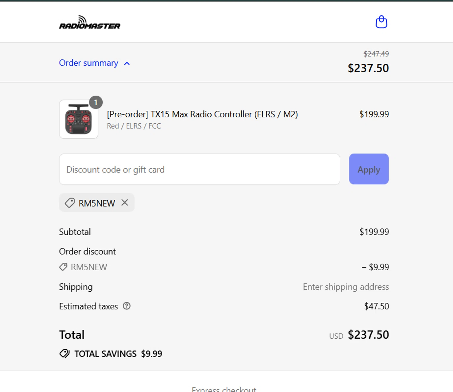 RadioMaster RC promo code screenshot showing code RM5NEW applied at RadioMaster RC checkout page. Uploaded by SimplyCodes community member TULA515 on Aug 27, 2025