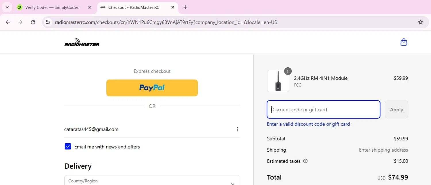 RadioMaster RC promo code screenshot showing code RCKIDS applied at RadioMaster RC checkout page. Uploaded by SimplyCodes community member EnmanuelEDITOR on Aug 4, 2025