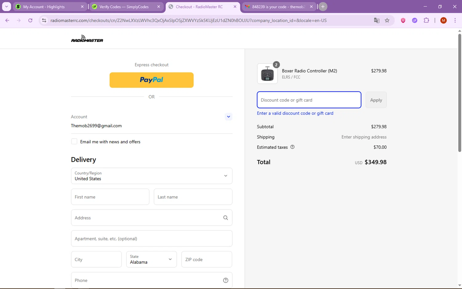 RadioMaster RC checkout page showing RadioMaster RC promo code box | Screenshot taken by SimplyCodes community member on Jul 8, 2025