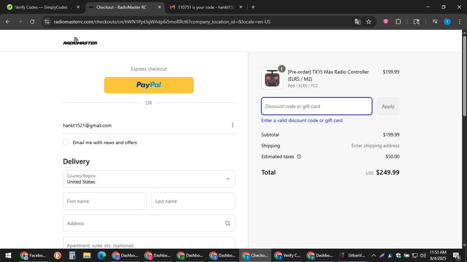 RadioMaster RC promo code screenshot showing code RCKIDS applied at RadioMaster RC checkout page. Uploaded by SimplyCodes community member hankt1521 on Aug 4, 2025