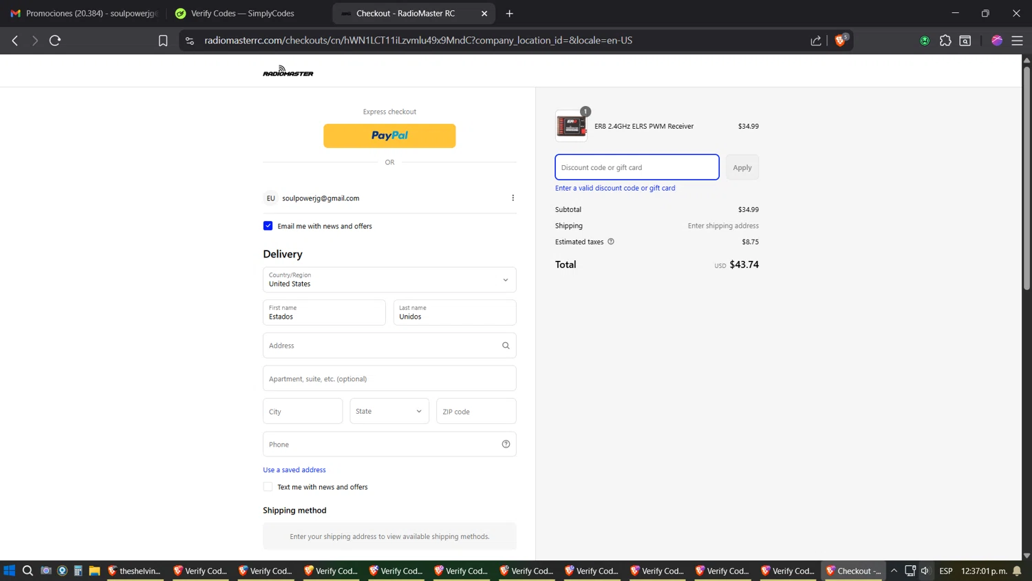 RadioMaster RC promo code screenshot showing code JULY4 applied at RadioMaster RC checkout page. Uploaded by SimplyCodes community member JhonatanGomez on Aug 2, 2025