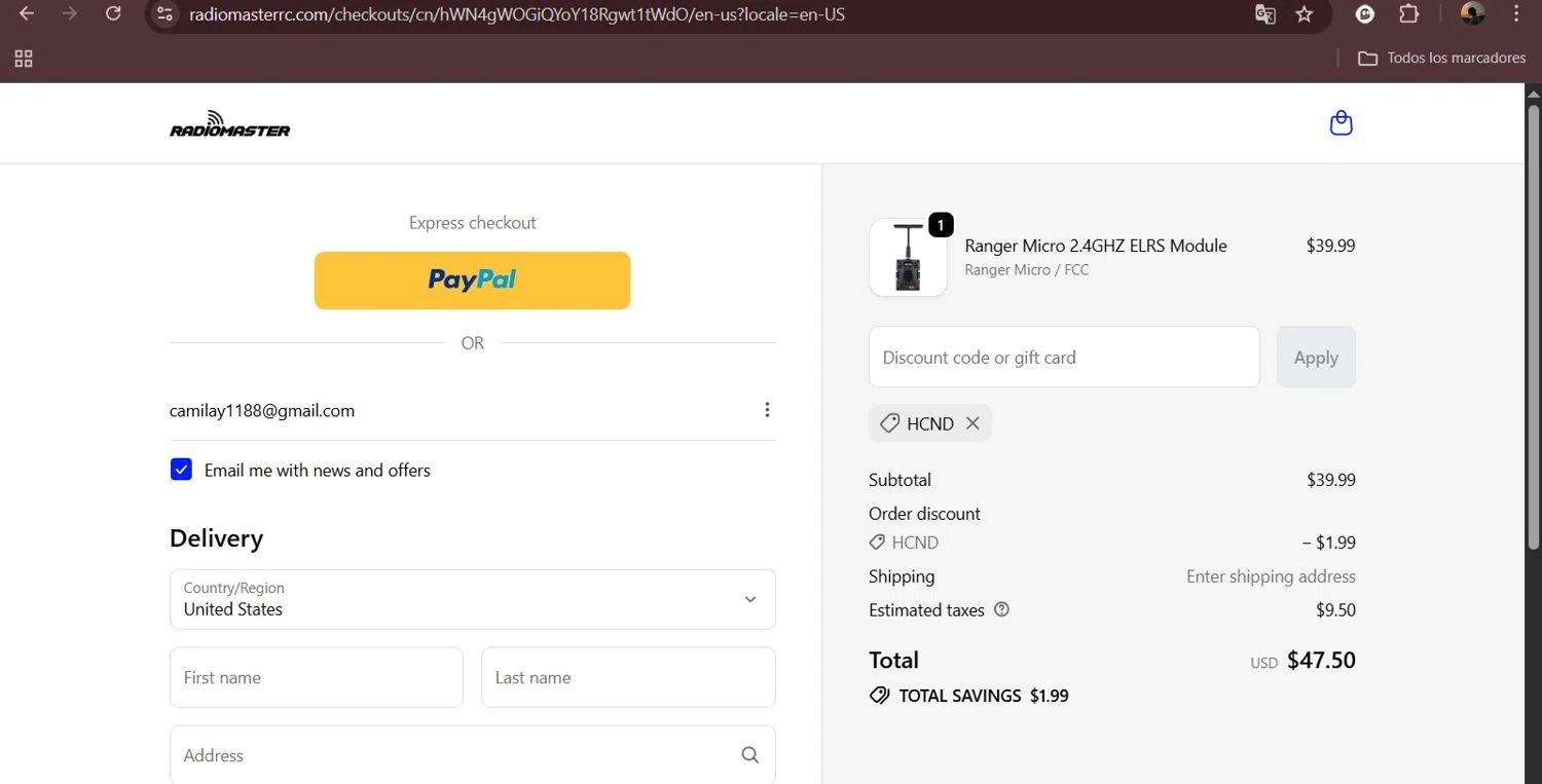 RadioMaster RC promo code screenshot showing code Hcnd applied at RadioMaster RC checkout page. Uploaded by SimplyCodes community member Milaya on Oct 29, 2025
