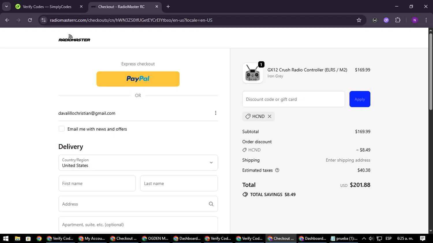 RadioMaster RC promo code screenshot showing code Hcnd applied at RadioMaster RC checkout page. Uploaded by SimplyCodes community member NATAAAAAANAELCANO on Sep 30, 2025