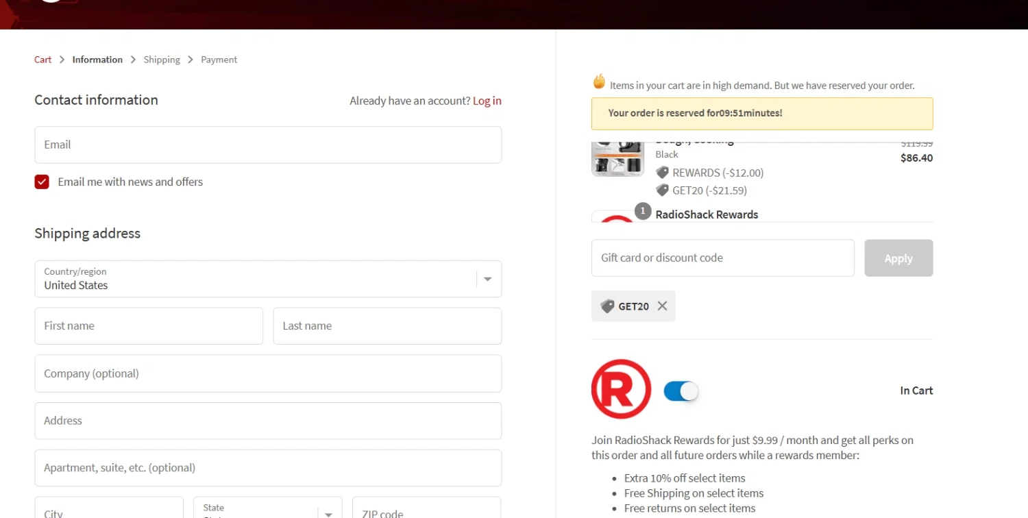 RadioShack checkout page showing RadioShack promo code box | Screenshot taken by SimplyCodes community member on Mar 29, 2023