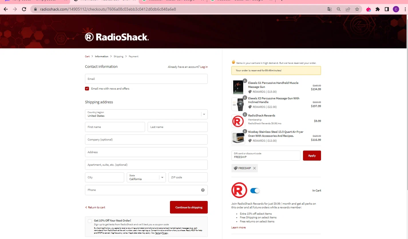 RadioShack checkout page showing RadioShack promo code box | Screenshot taken by SimplyCodes community member on Apr 3, 2023