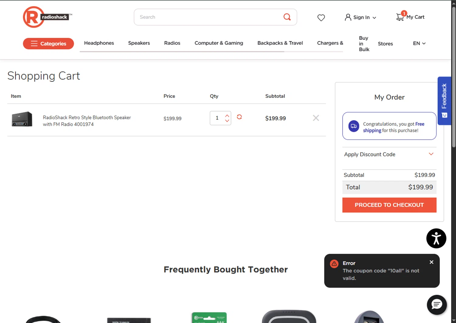 RadioShack promo code screenshot showing code 10all applied at RadioShack checkout page. Uploaded by SimplyCodes community member MagnificentFalcon188 on Oct 31, 2025