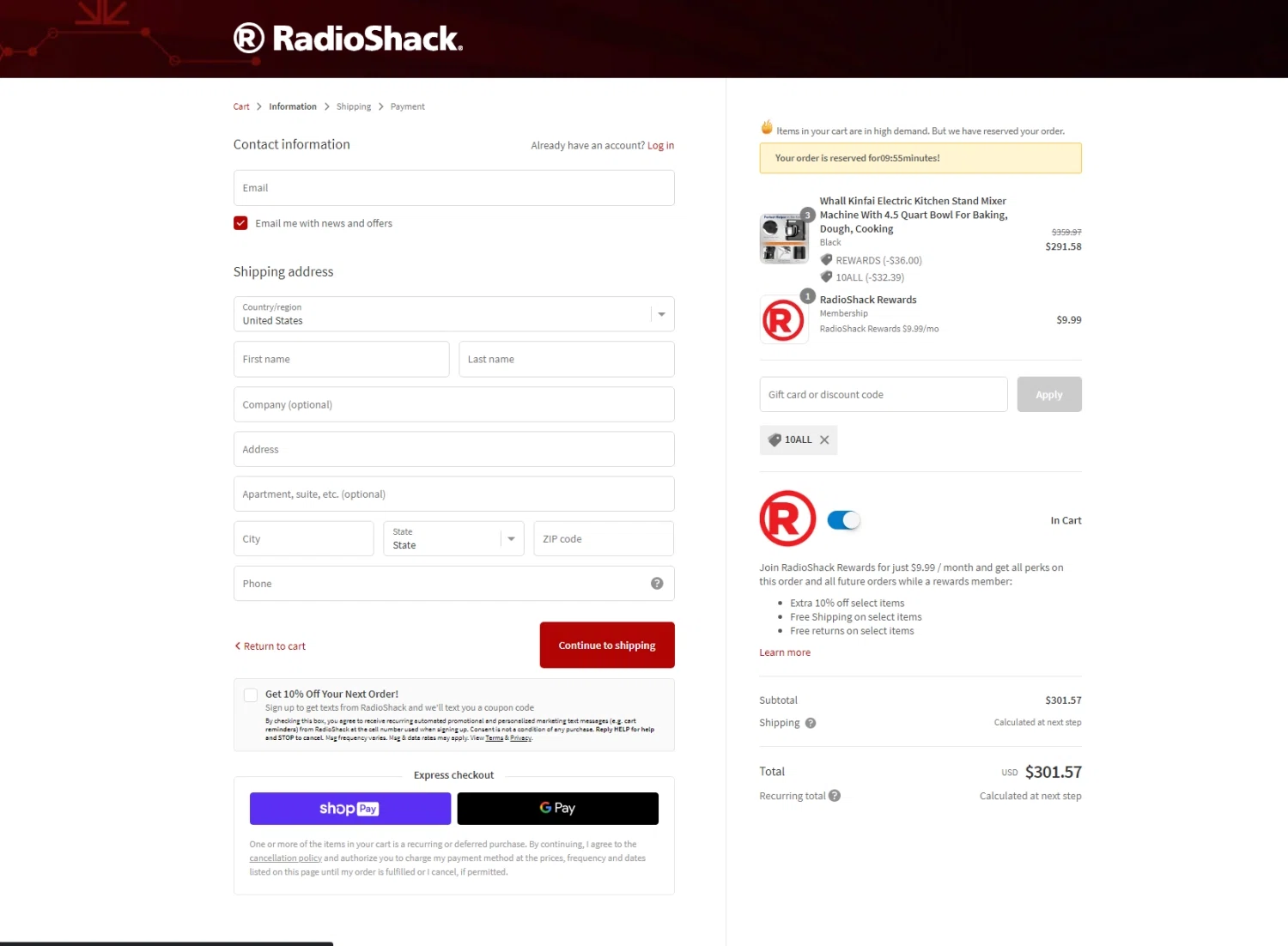 RadioShack checkout page showing RadioShack promo code box | Screenshot taken by SimplyCodes community member on Mar 11, 2023