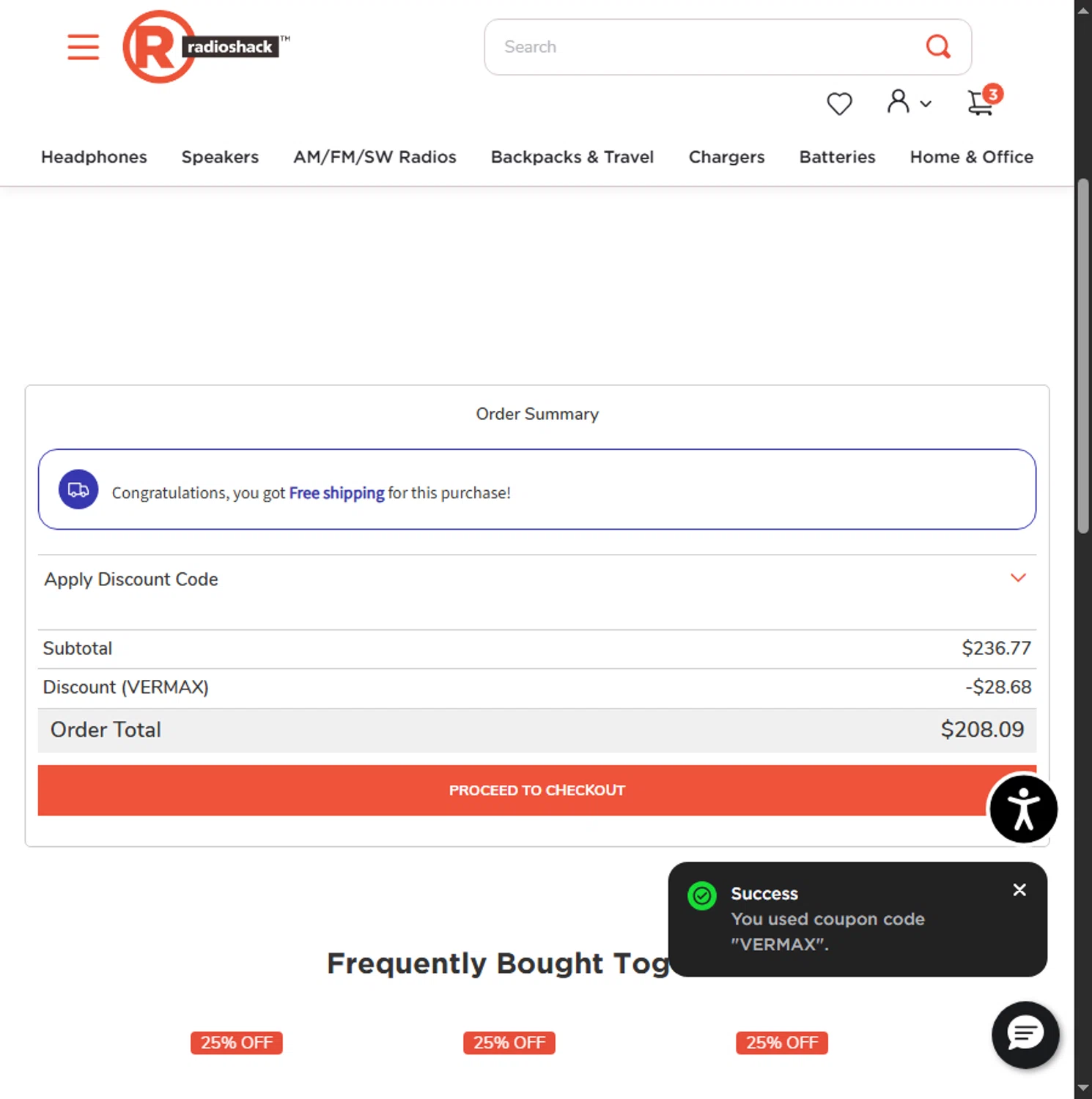 RadioShack checkout page showing RadioShack promo code box | Screenshot taken by SimplyCodes community member on Jun 9, 2025