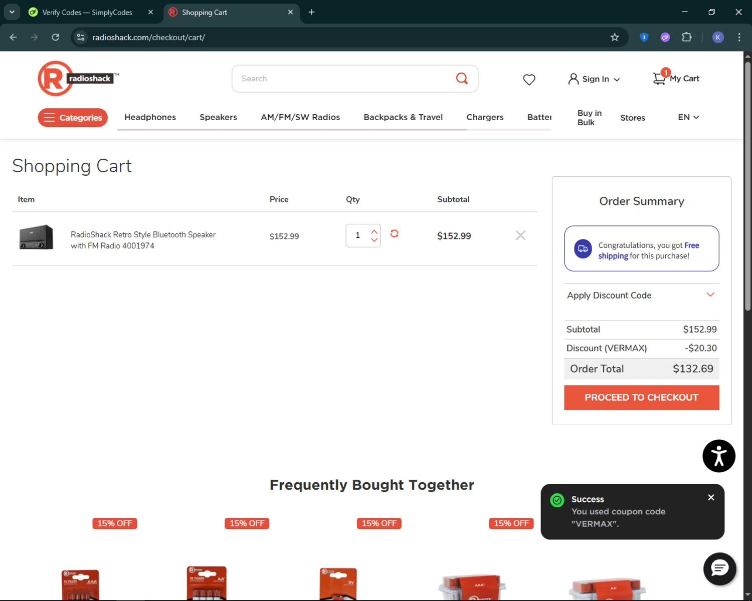 RadioShack promo code screenshot showing code VERMAX applied at RadioShack checkout page. Uploaded by SimplyCodes community member KevLapage on Jun 16, 2025