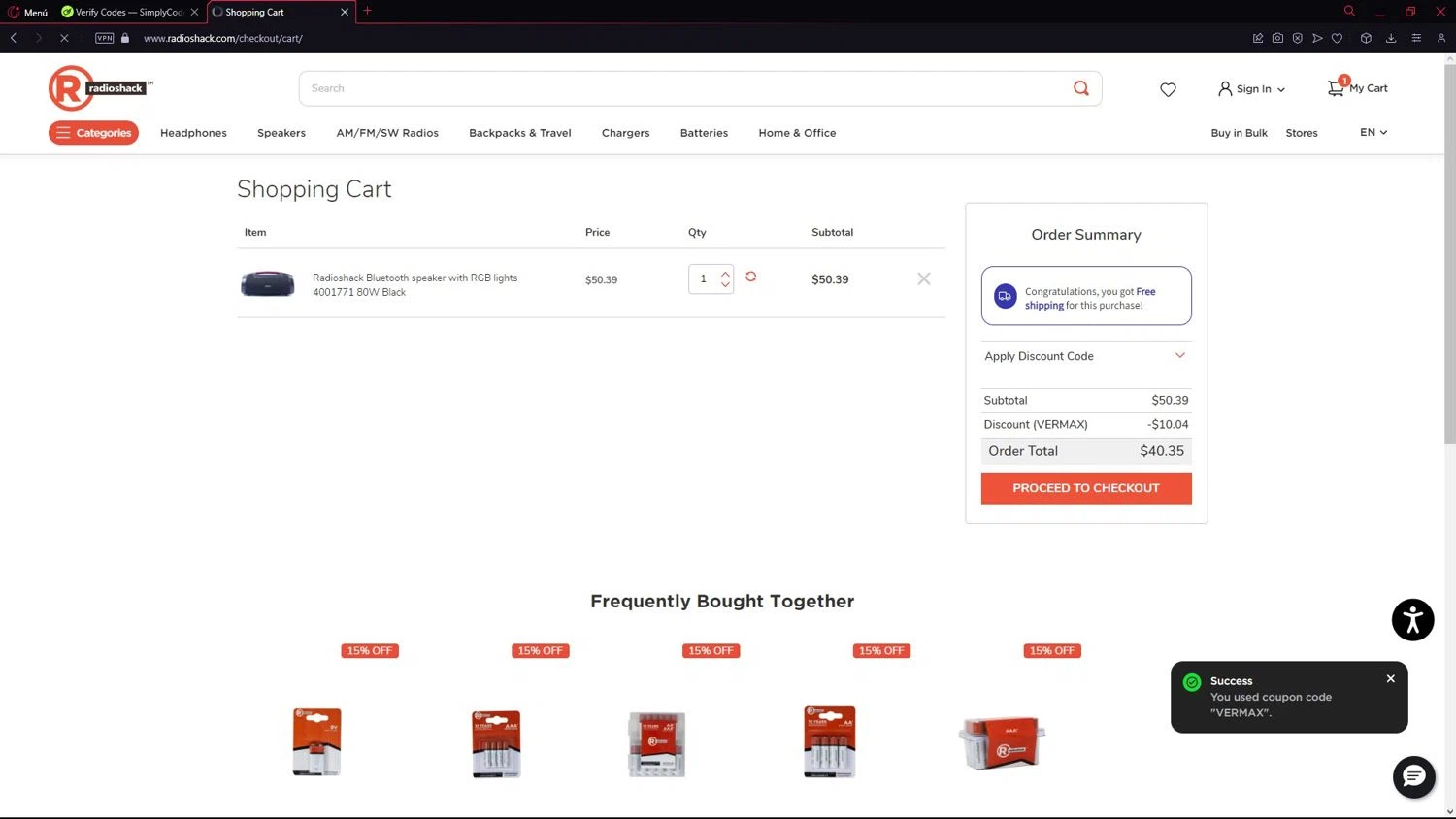 RadioShack promo code screenshot showing code VERMAX applied at RadioShack checkout page. Uploaded by SimplyCodes community member LegendarySeeker3956 on Jun 16, 2025