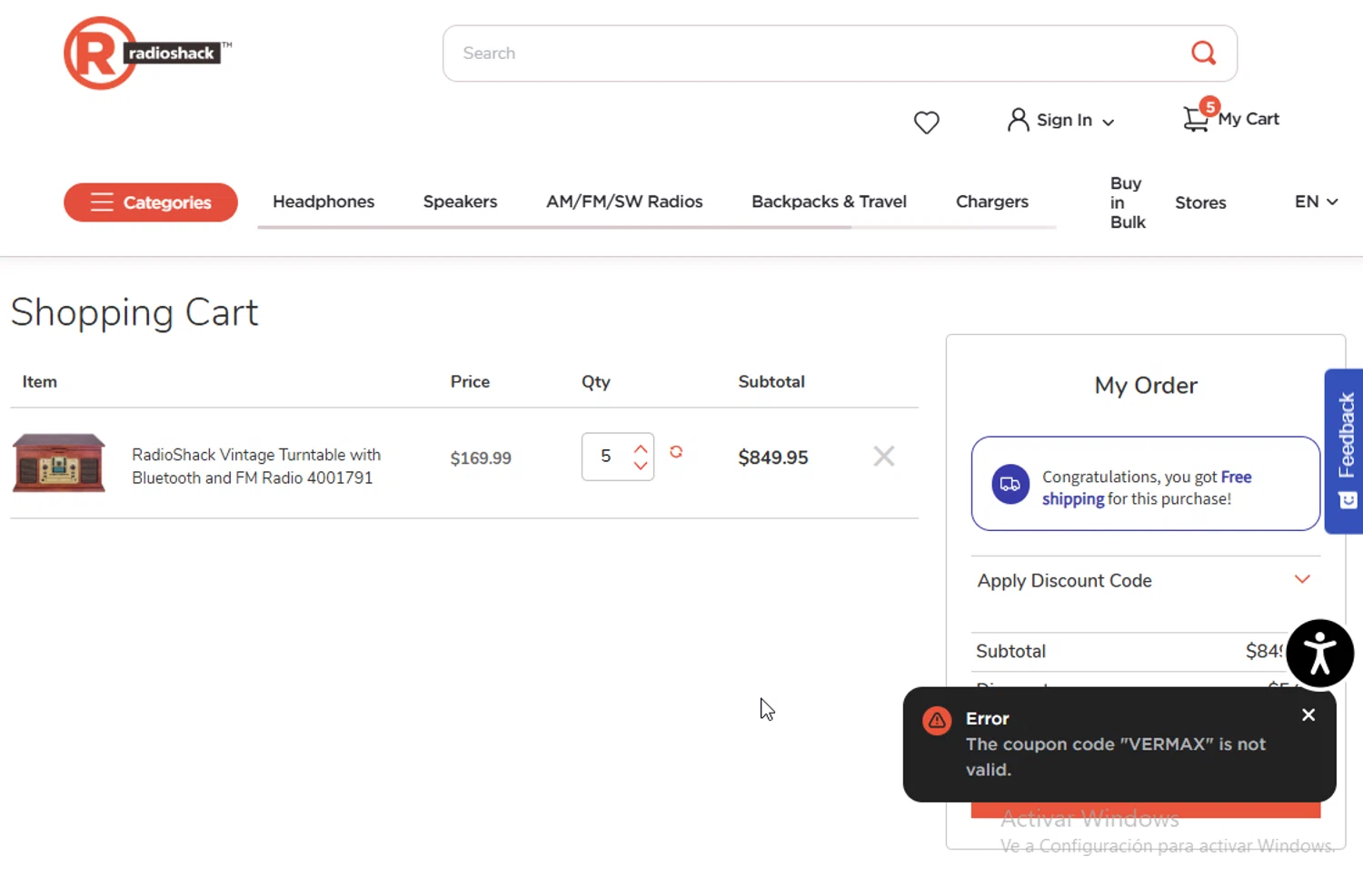 RadioShack promo code screenshot showing code VERMAX applied at RadioShack checkout page. Uploaded by SimplyCodes community member VictoriousElite9587 on Jul 15, 2025