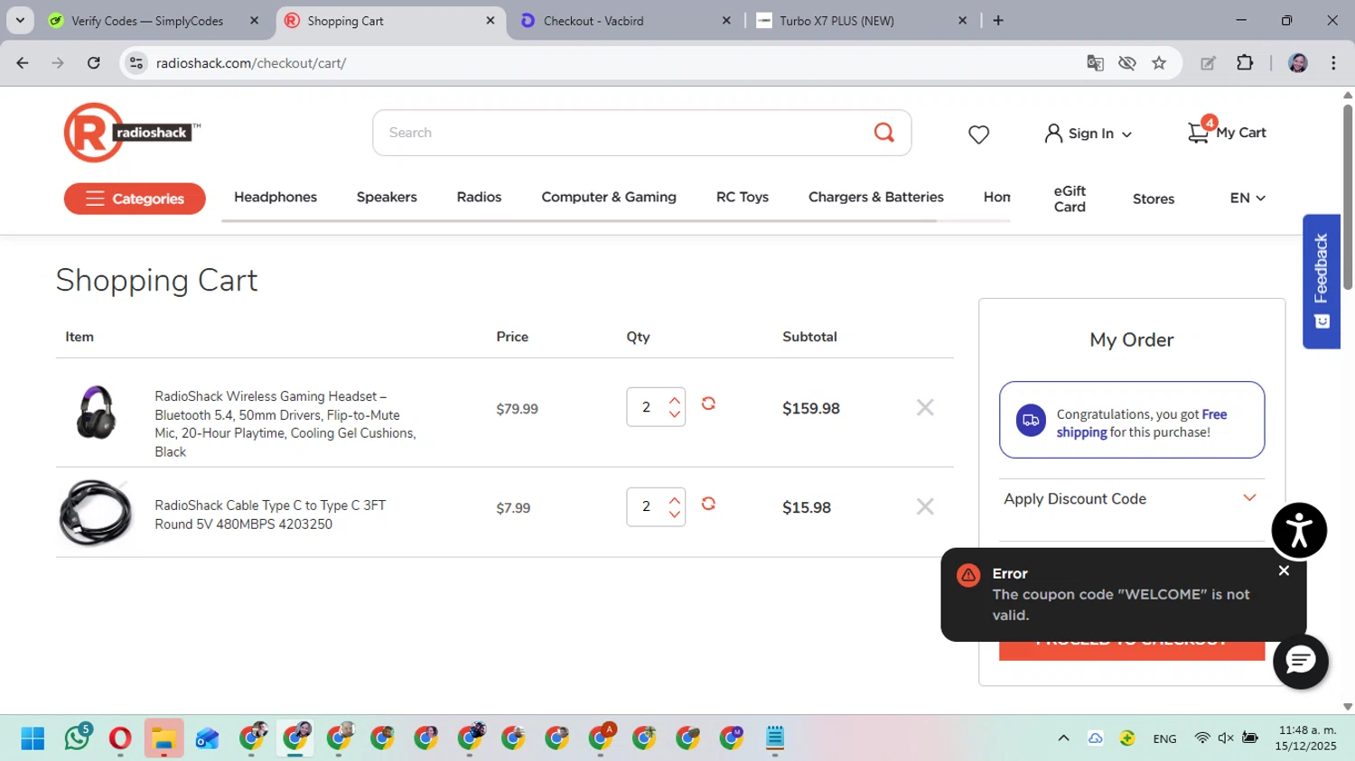 RadioShack promo code screenshot showing code WELCOME applied at RadioShack checkout page. Uploaded by SimplyCodes community member MarielisPb on Dec 15, 2025