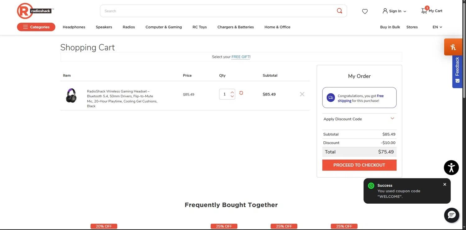RadioShack promo code screenshot showing code WELCOME applied at RadioShack checkout page. Uploaded by SimplyCodes community member Depressive on Nov 17, 2025