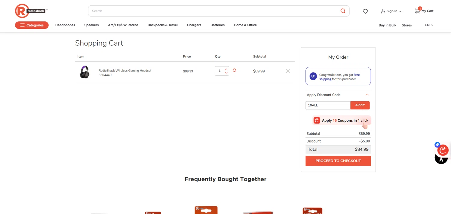 RadioShack promo code screenshot showing code 10ALL applied at RadioShack checkout page. Uploaded by SimplyCodes community member ivantorres on Aug 14, 2025