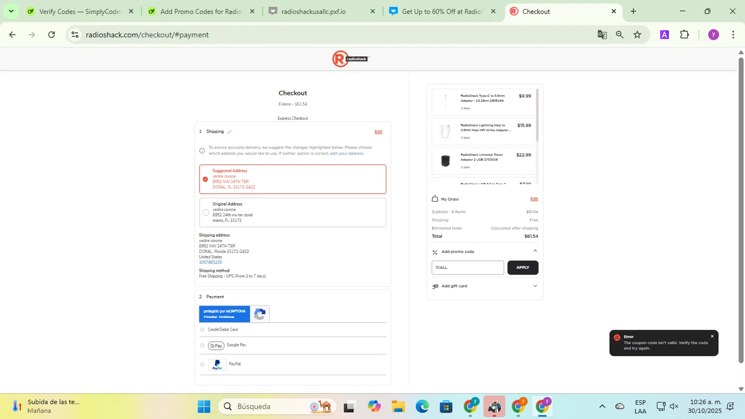 RadioShack promo code screenshot showing code 10ALL applied at RadioShack checkout page. Uploaded by SimplyCodes community member yadicg054 on Oct 30, 2025