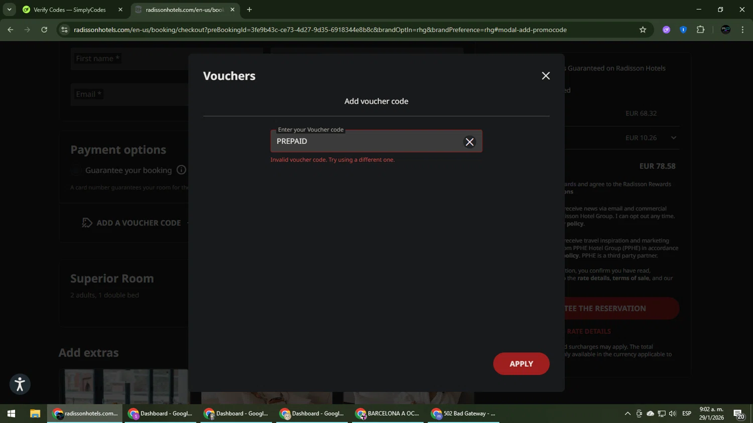 Radisson Hotels discount code screenshot showing code PREPAID applied at Radisson Hotels checkout page. Uploaded by SimplyCodes community member CarmenVGR on Jan 29, 2026