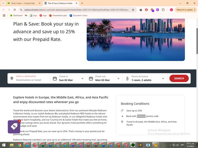 Radisson Hotels checkout page showing Radisson Hotels discount code box | Screenshot taken by SimplyCodes community member on Mar 2, 2025