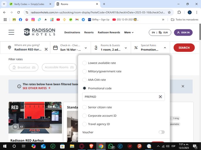 Radisson Hotels checkout page showing Radisson Hotels discount code box | Screenshot taken by SimplyCodes community member on Mar 13, 2025