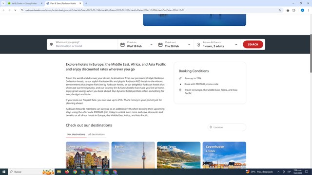 Radisson Hotels checkout page showing Radisson Hotels discount code box | Screenshot taken by SimplyCodes community member on Feb 19, 2025