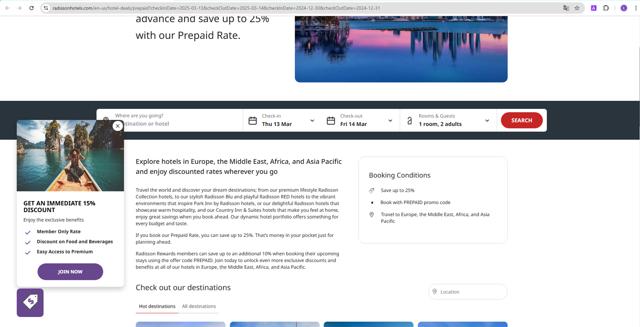 Radisson Hotels checkout page showing Radisson Hotels discount code box | Screenshot taken by SimplyCodes community member on Mar 13, 2025