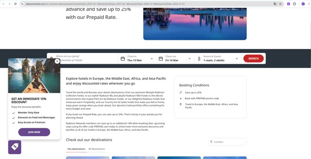 Radisson Hotels checkout page showing Radisson Hotels discount code box | Screenshot taken by SimplyCodes community member on Mar 13, 2025