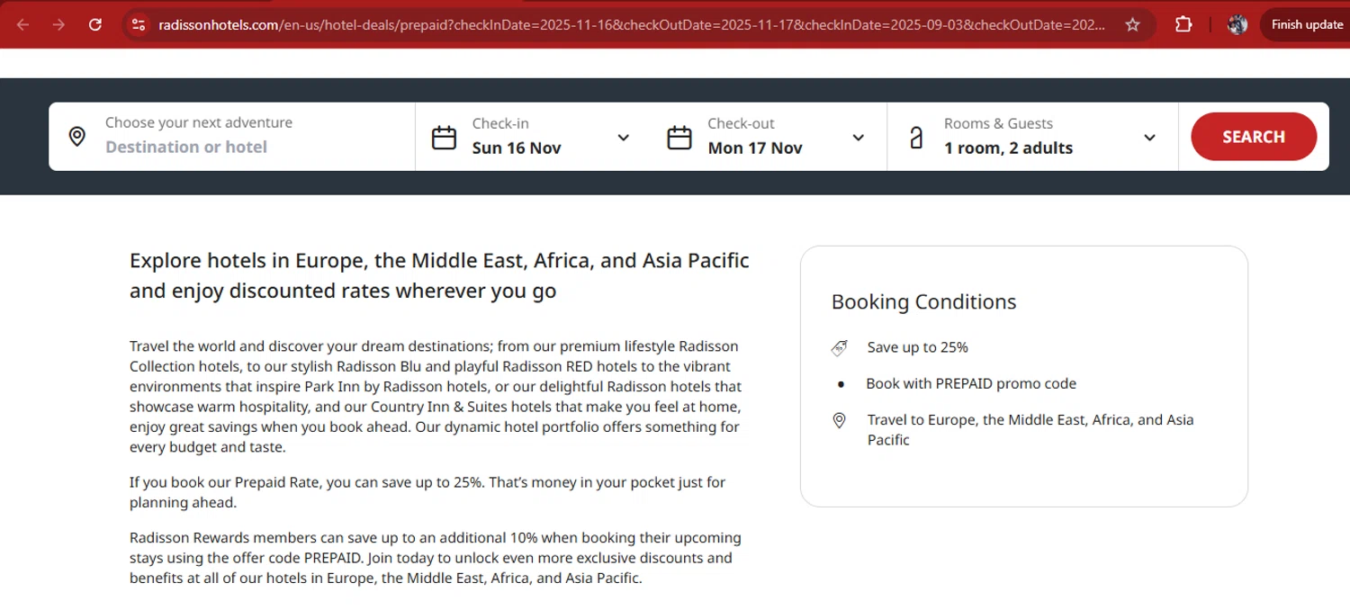 Radisson Hotels discount code screenshot showing code PREPAID applied at Radisson Hotels checkout page. Uploaded by SimplyCodes community member kimberlinmartinez on Nov 16, 2025