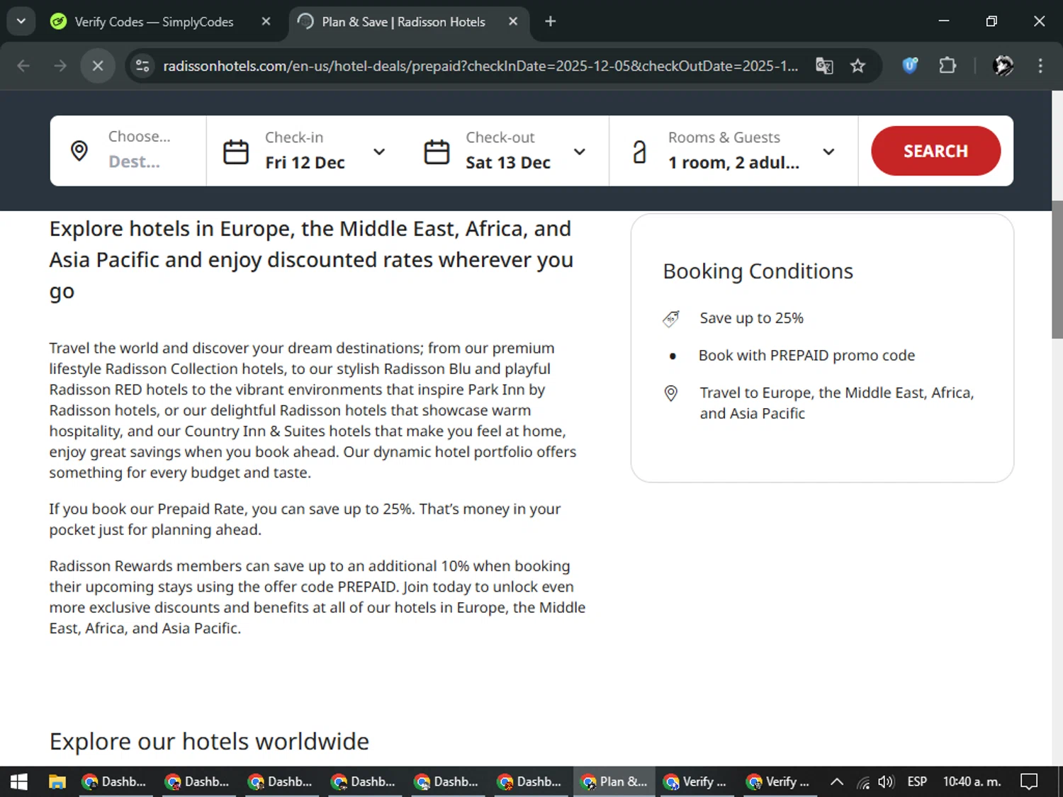 Radisson Hotels checkout page showing Radisson Hotels discount code box | Screenshot taken by SimplyCodes community member on Dec 12, 2025