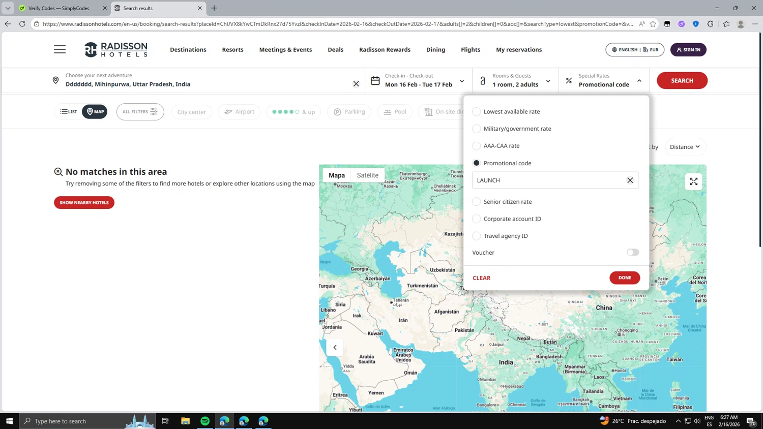 Radisson Hotels checkout page showing Radisson Hotels discount code box | Screenshot taken by SimplyCodes community member on Feb 16, 2026