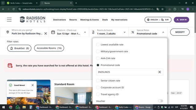 Radisson Hotels checkout page showing Radisson Hotels discount code box | Screenshot taken by SimplyCodes community member on Apr 14, 2025