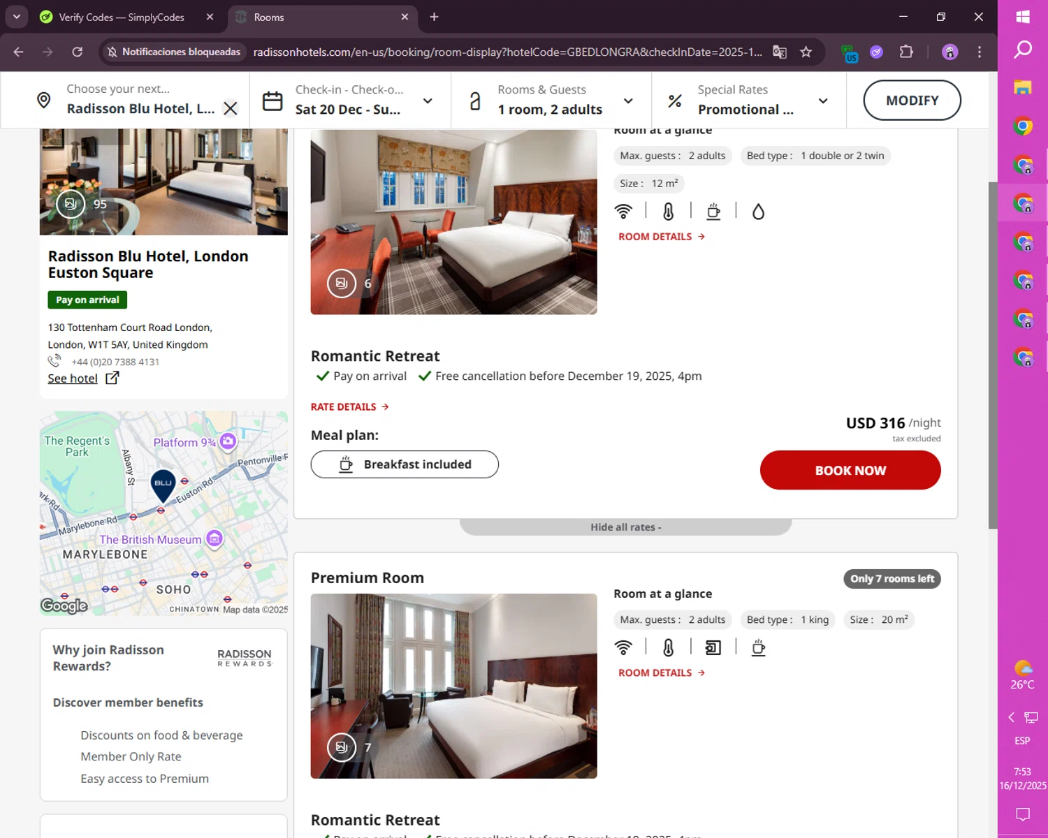 Radisson Hotels checkout page showing Radisson Hotels discount code box | Screenshot taken by SimplyCodes community member on Dec 16, 2025