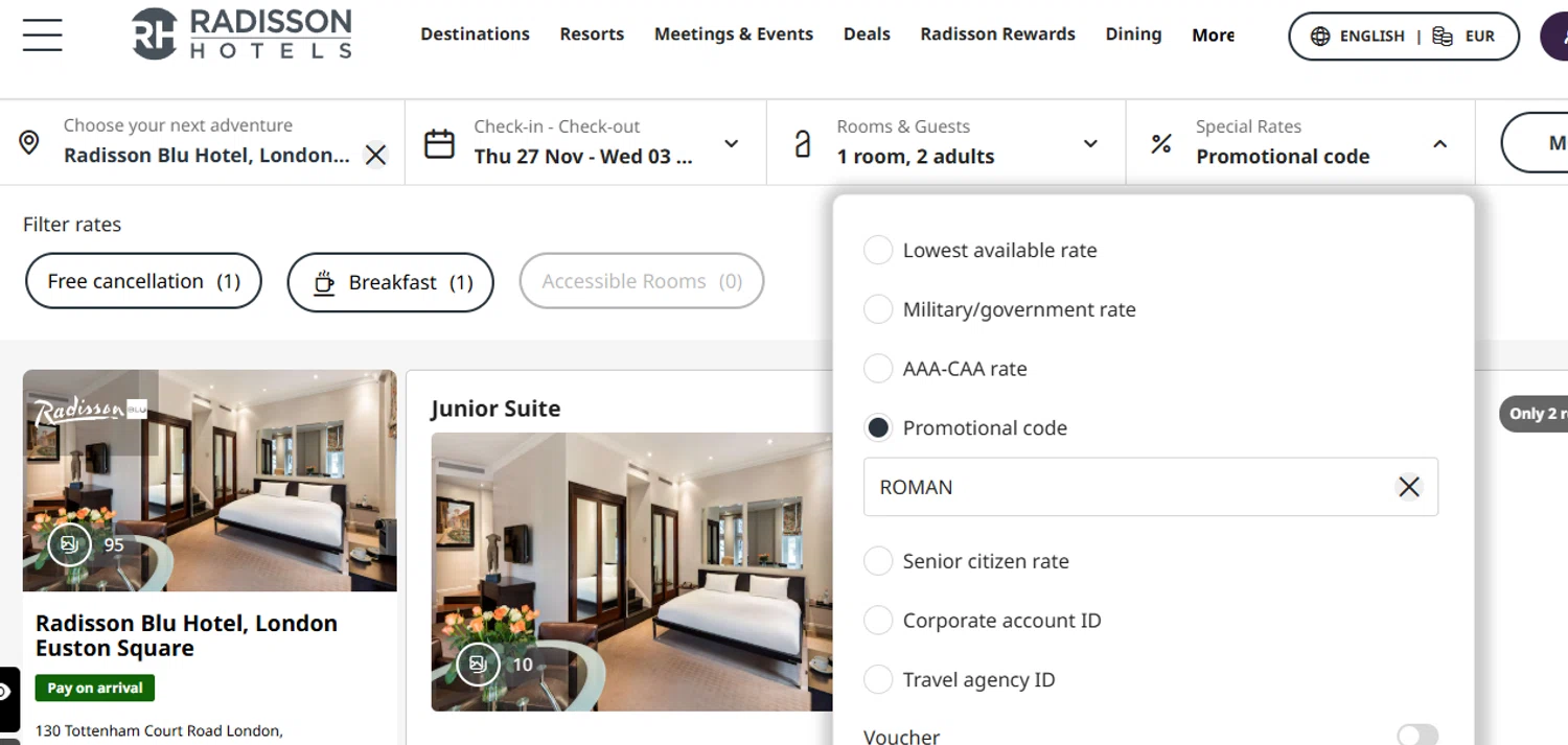 Radisson Hotels discount code screenshot showing code ROMAN applied at Radisson Hotels checkout page. Uploaded by SimplyCodes community member Olorinnnnn on Nov 24, 2025