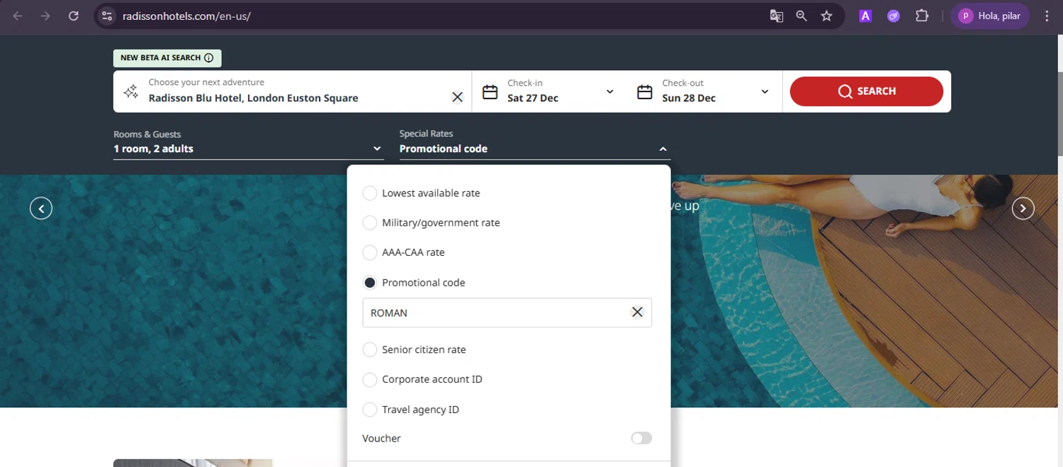 Radisson Hotels discount code screenshot showing code ROMAN applied at Radisson Hotels checkout page. Uploaded by SimplyCodes community member firoas on Dec 27, 2025