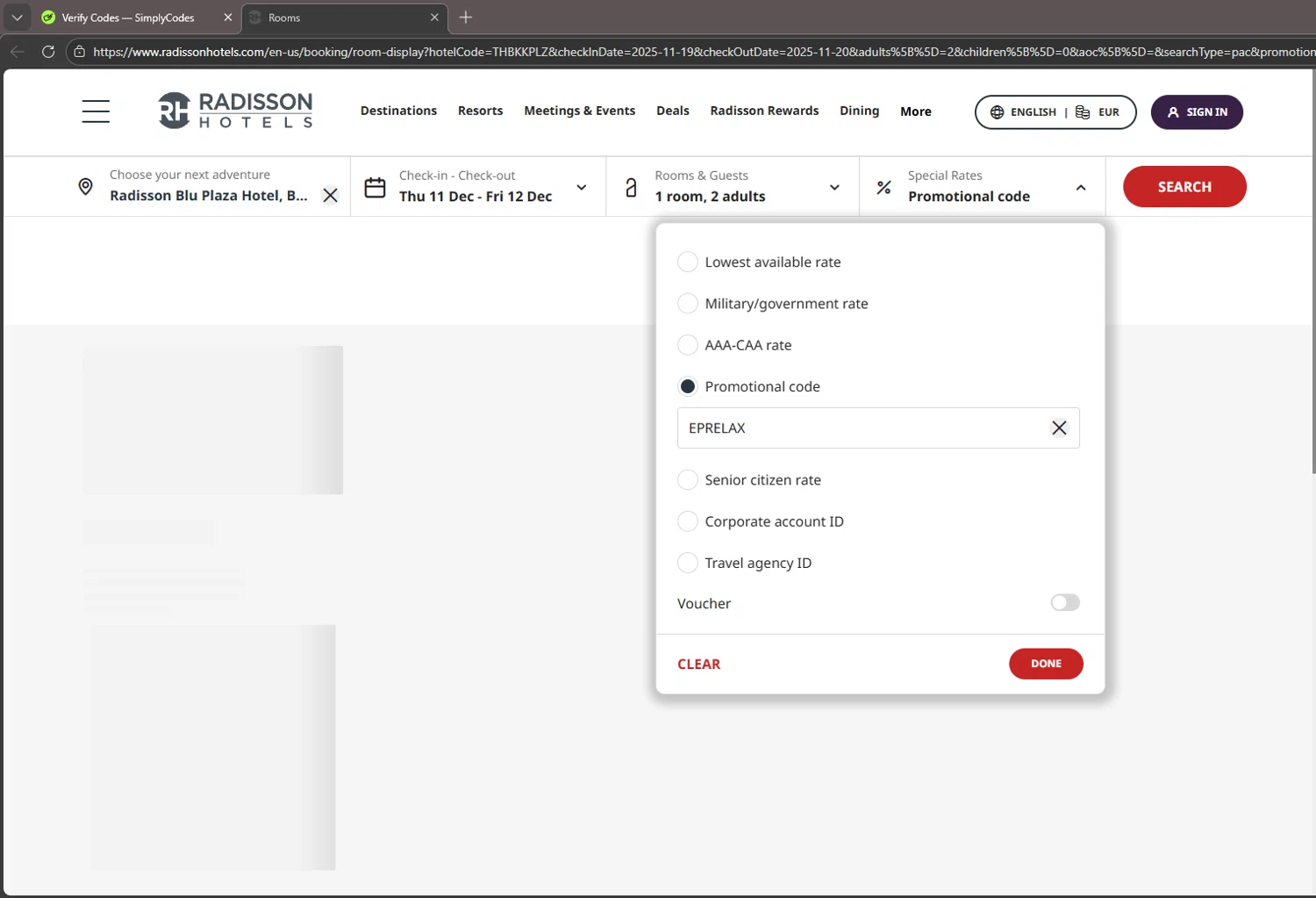 Radisson Hotels discount code screenshot showing code EPRELAX applied at Radisson Hotels checkout page. Uploaded by SimplyCodes community member Vipera on Dec 11, 2025