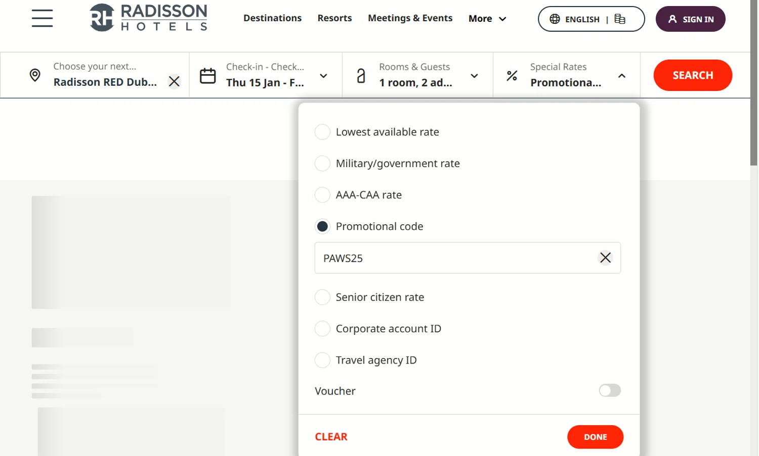 Radisson Hotels checkout page showing Radisson Hotels discount code box | Screenshot taken by SimplyCodes community member on Jan 15, 2026